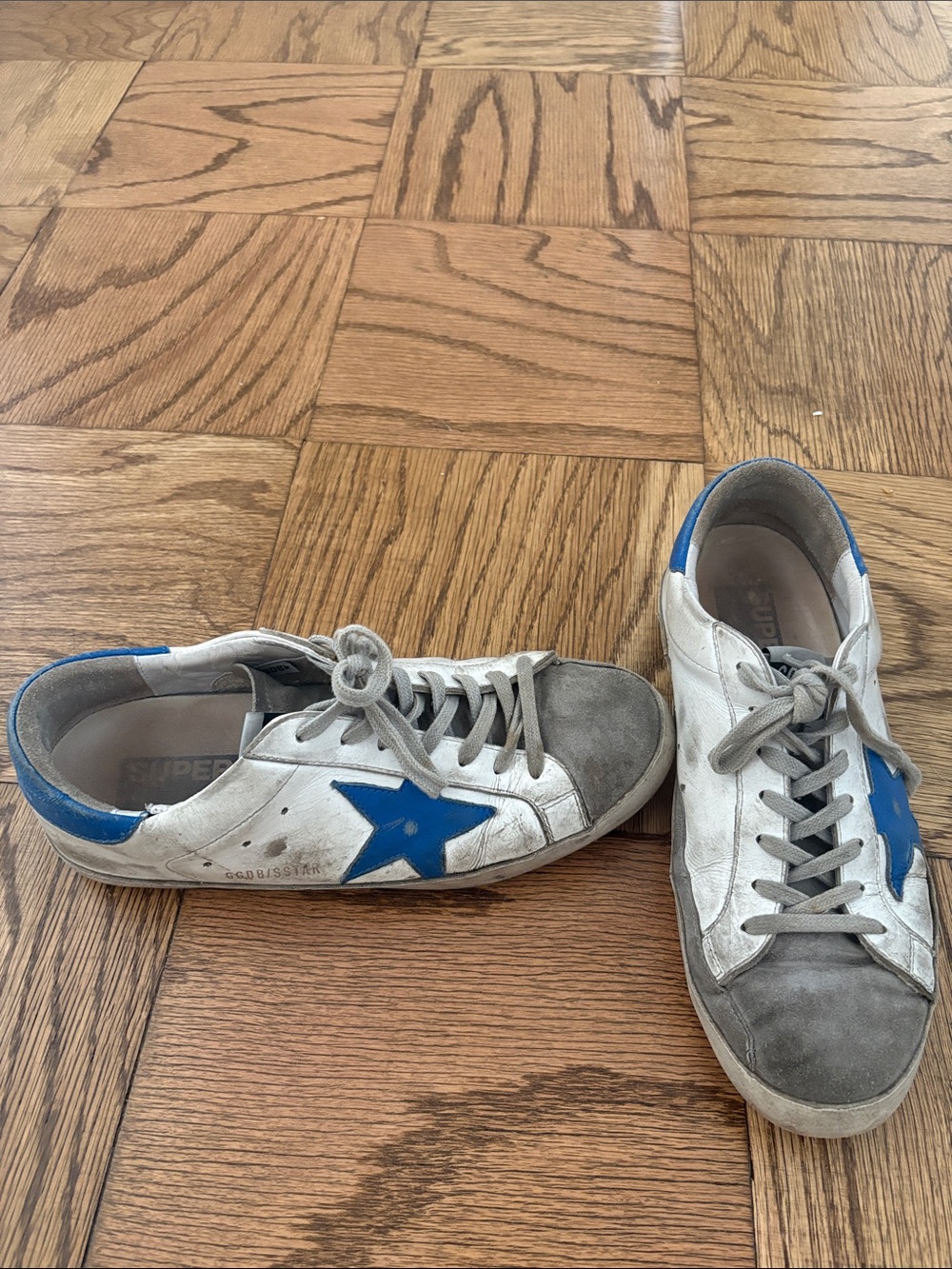 Golden Goose White Sneakers with Blue Star and Gray Suede